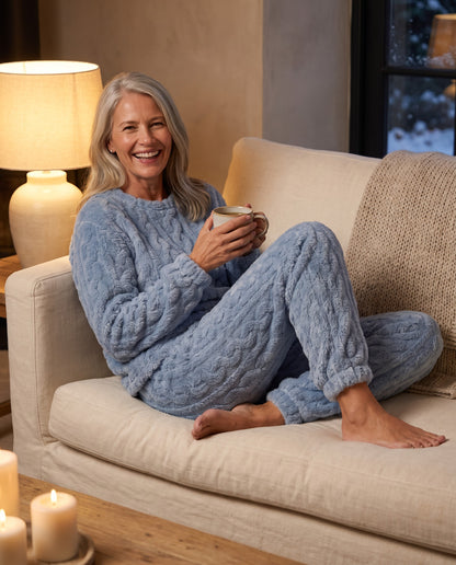 CLAIRE cable lounge set in Sky Blue, curled up on the sofa with tea