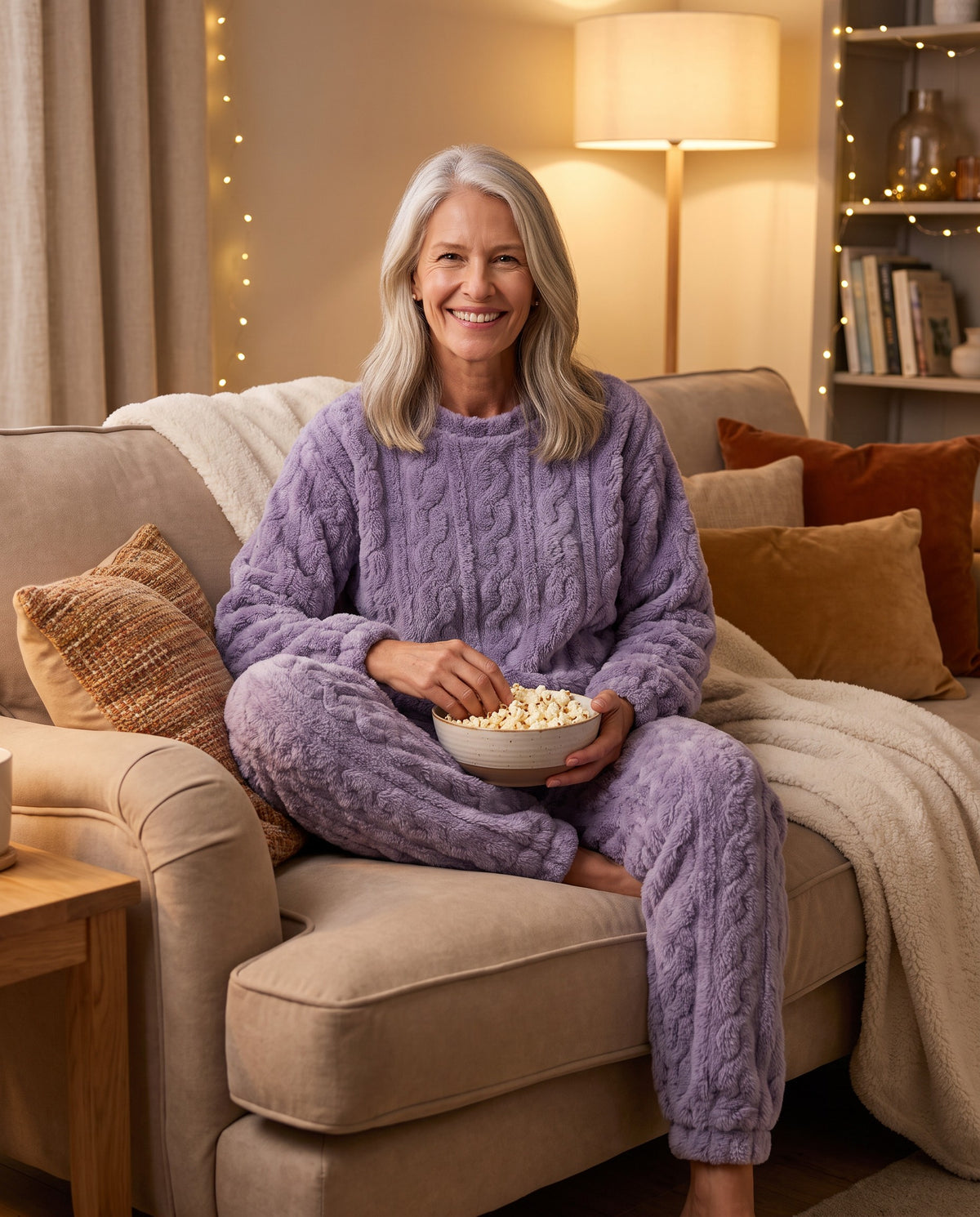 CLAIRE cable lounge set in Taro Purple, film night on the sofa
