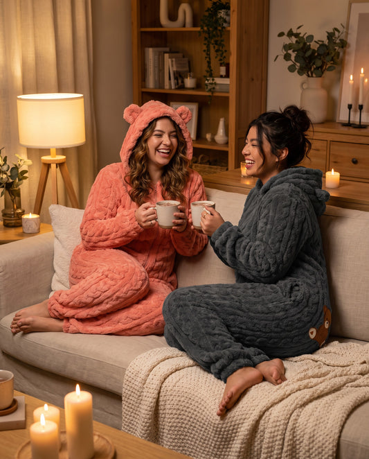 Two friends laughing on a sofa in the TEDDY Cozy Bear Onesie in Pink and Dark Gray, hoods up with bear ears